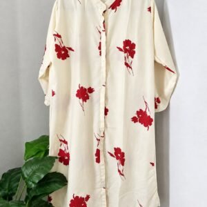 Home Cream floral shirt dress with red flower prints and long sleeves